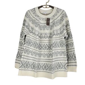J. Jill Fair Isle Sweater Womens Size Large Gray & White Long Sleeve Knit NEW